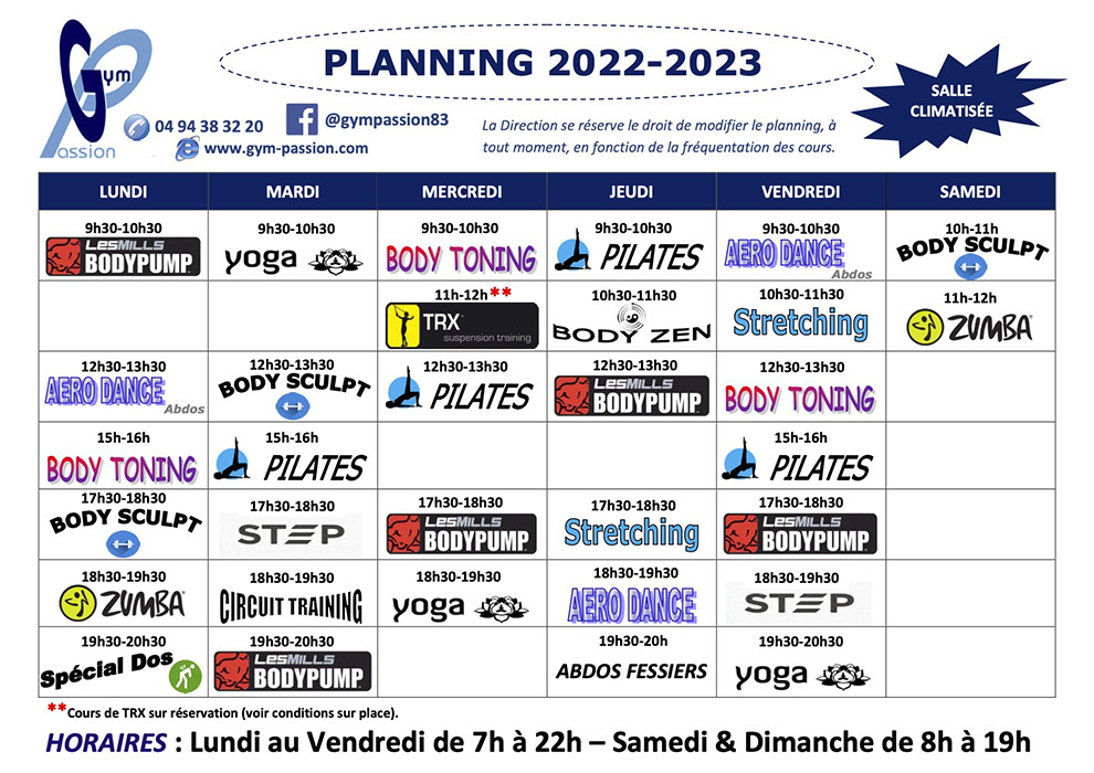 Planning rentrée 2022/2023 Gym Passion Hyères