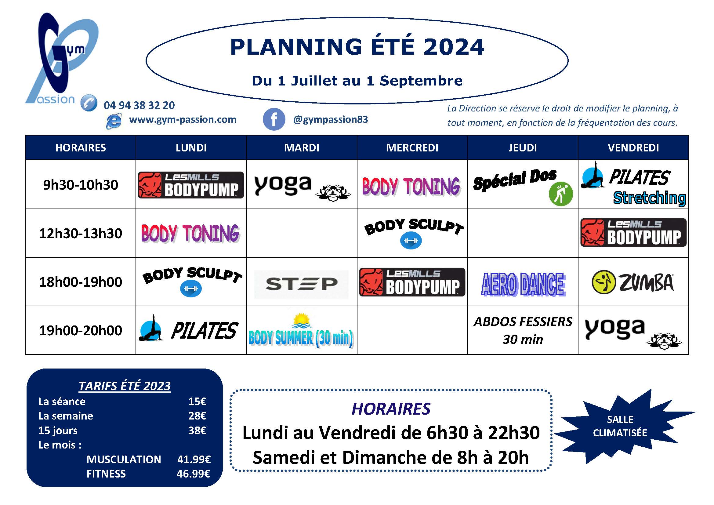 Planning Ete 2024 Gym Passion Hyères