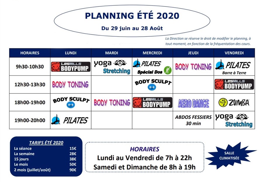 Planning été 2020 Gym Passion Hyères