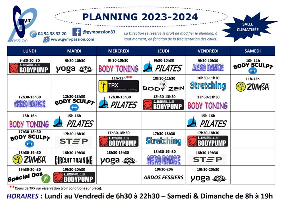 Planning rentrée 2023/2024 Gym Passion Hyères